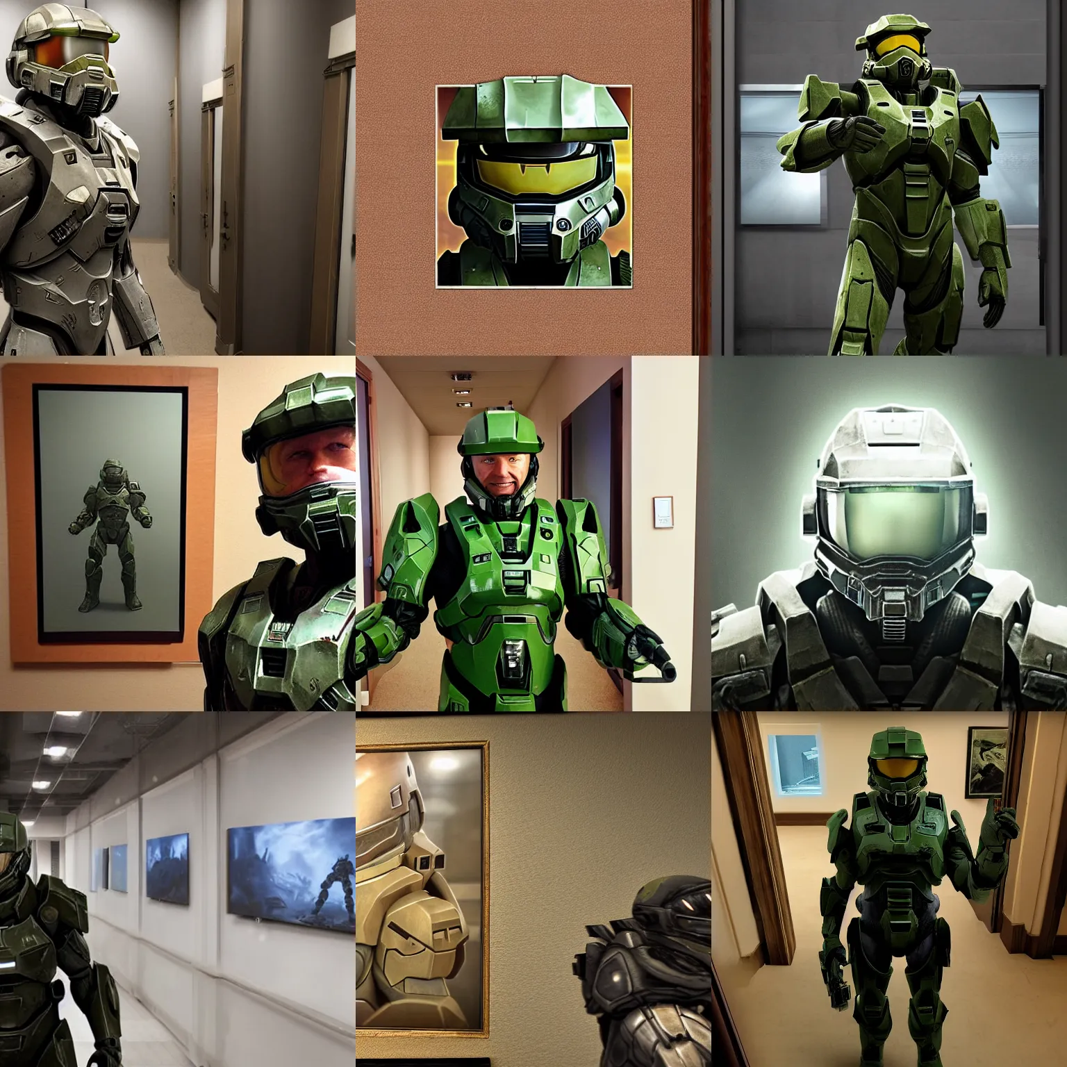 Prompt: Selfie of Master Chief in the backrooms, high resolution selfie photo, the backrooms hallway setting