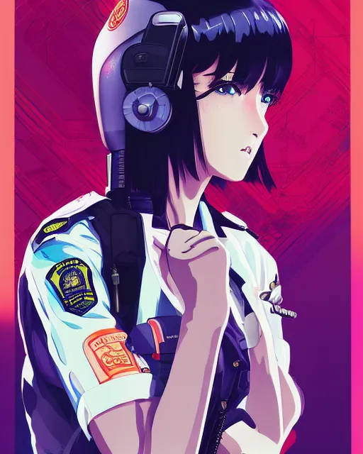 Prompt: police officer girl very very anime!!! fine face, audrey plaza, realistic shaded perfect face, fine details. anime. realistic shaded lighting cyberpunk futuristic neon tattoos styled hair reflective puffy sheen film jacket decorated poster by ilya kuvshinov katsuhiro otomo ghost in the shell