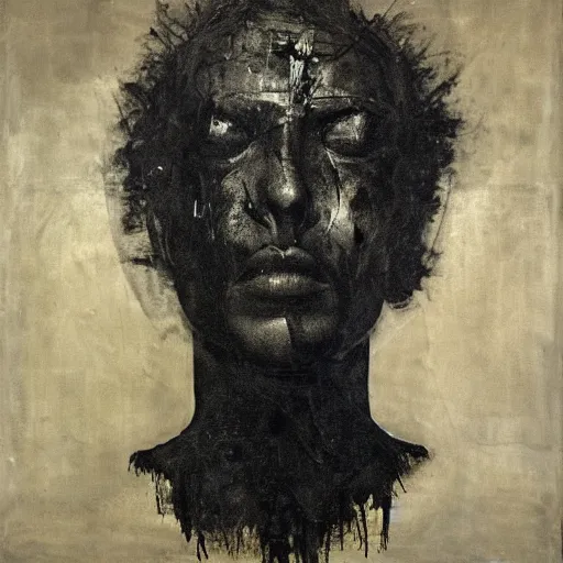 Image similar to The mixed mediart shows a the large, black-clad figure of the king looming over a small, defenseless figure huddled at his feet. The king's face is hidden in shadow, but his menacing stance and the large, sharp claws on his hands make it clear that he is a dangerous and powerful creature. by Nicola Samori realist