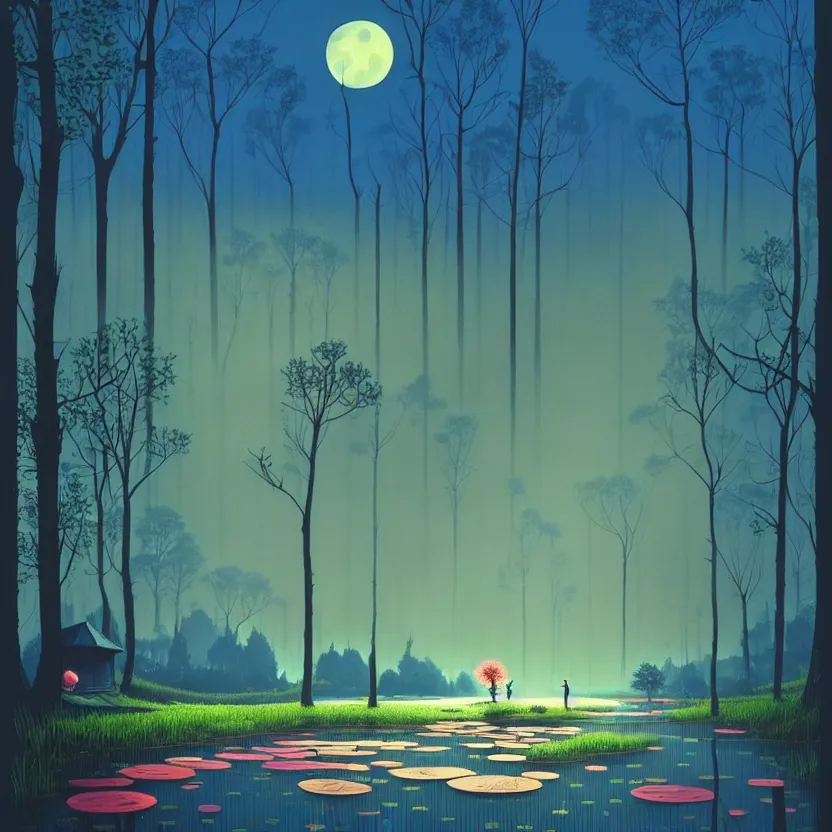 Image similar to ( ( ( gediminas pranckevicius ) ) ), a pond in the forest, moonlight, flower garden summer morning, very coherent and colorful high contrast art by simon stalenhag james gilleard floralpunk screen printing woodblock, dark shadows, pastel color, hard lighting