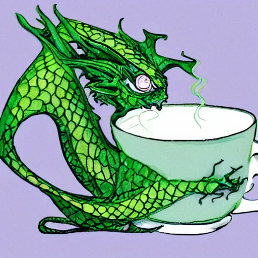 Image similar to a green dragon drinking a cup of tea