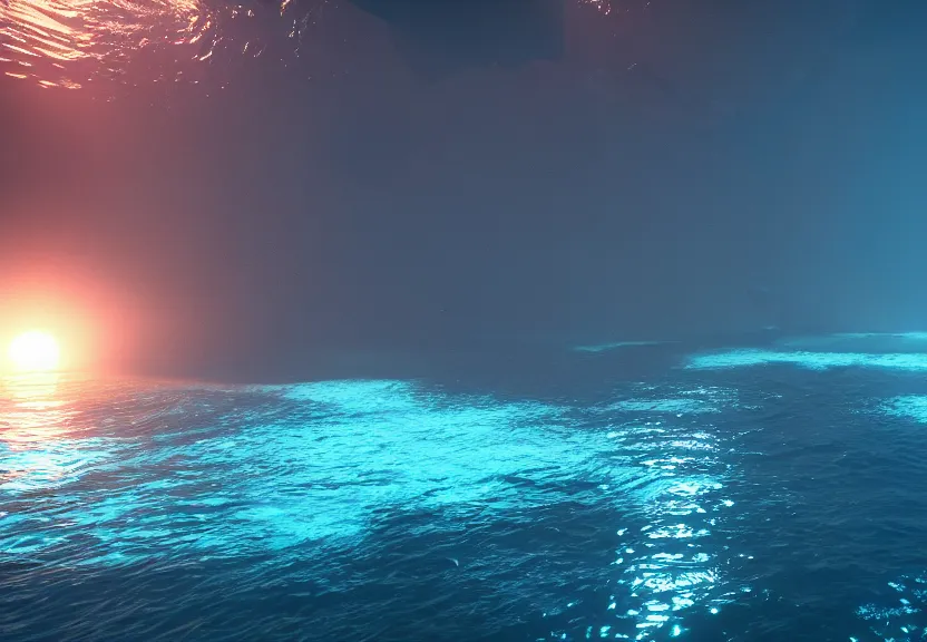 Image similar to ambient rays in the depths of the ocean, fish and corals barely visible, raytracing, unreal engine, nature, caustics, artstation