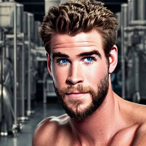 Image similar to a realistic detailed photo of a guy who is an attractive humanoid who is half robot and half humanoid, who is a male android, actor liam hemsworth, shiny skin, posing like a statue, blank stare, in a factory, on display, showing off his muscles