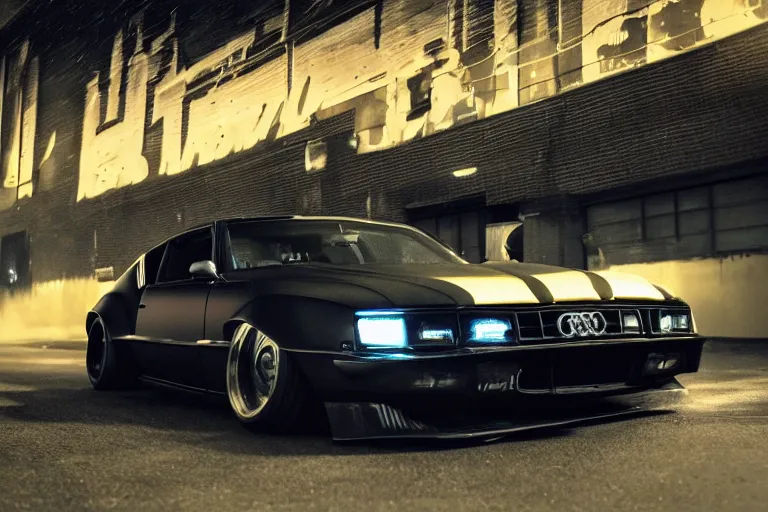 Prompt: widebody all black audi camaro b 1 ( 1 9 6 9 ), need for speed : carbon, at night, sci - fi, neon lines, phonk music background, smoke behind wheels, noise, dark, establishing shot, by simon stalenhag