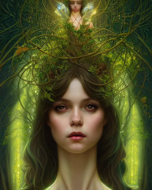 Image similar to symmetry portrait of moss princess, glam, fae, fireflies, forest background, intricate, elegant, highly detailed, digital painting, artstation, concept art, smooth, sharp focus, illustration, art by artgerm and greg rutkowski and fra angelico and alphons mucha