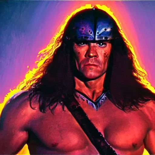 Prompt: conan the barbarian in bisexual lighting in the style of early science fiction pulp