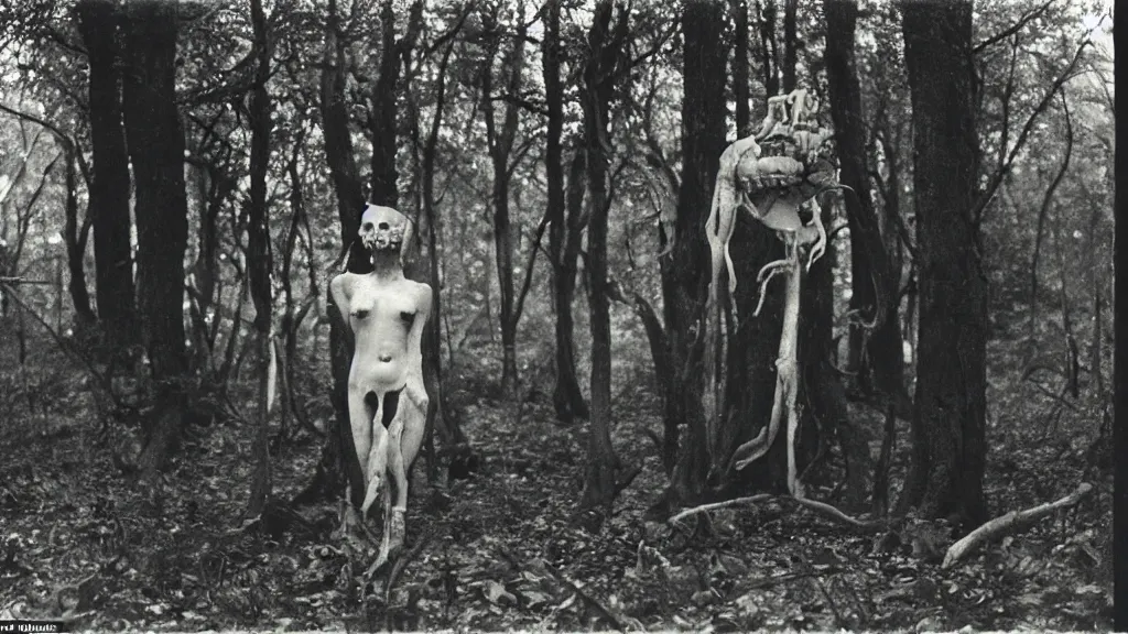 Image similar to An epic photo of an ancient terrifying Il Gabibbo in dark forest, consuming and eating and destroying a futuristic. by Diane Arbus and Louis Daguerre. highly detailed. 85mm, Bokeh