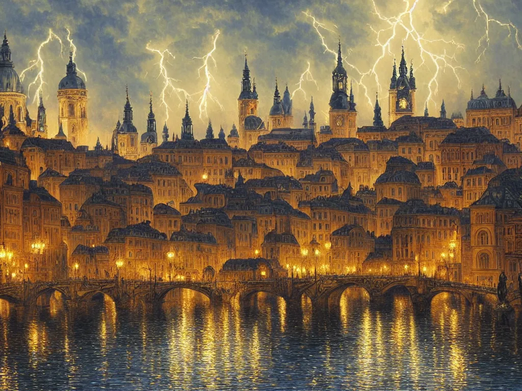 Prompt: a view from the river a city resembling prague, paris, and venice at night with a sky full of lightning, intricate, elegant, highly detailed, digital painting, artstation, concept art, smooth, sharp focus, colored illustration for tattoo, art by thomas kincade, krenz cushart and artem demura and alphonse mucha,