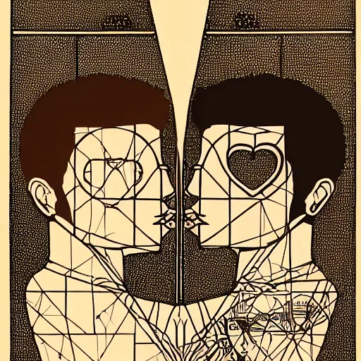 Prompt: perfectly centered geometrical symmetrical split male and female portrait of man and woman in love sharing one heart. illustration, highly detailed, simple, no jagged lines, smooth, artstation, artwork by ravi zupa