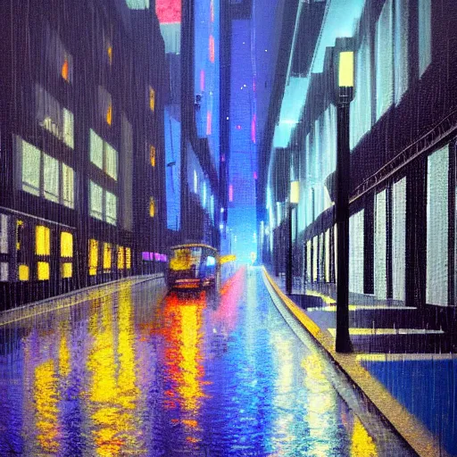 Image similar to pixelart rainy night in the city, reflections