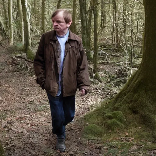 Image similar to mark e smith walking through the woods like sasquatch