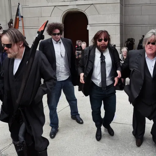 Prompt: the boondock saints brothers approaching steve bannon outside of court