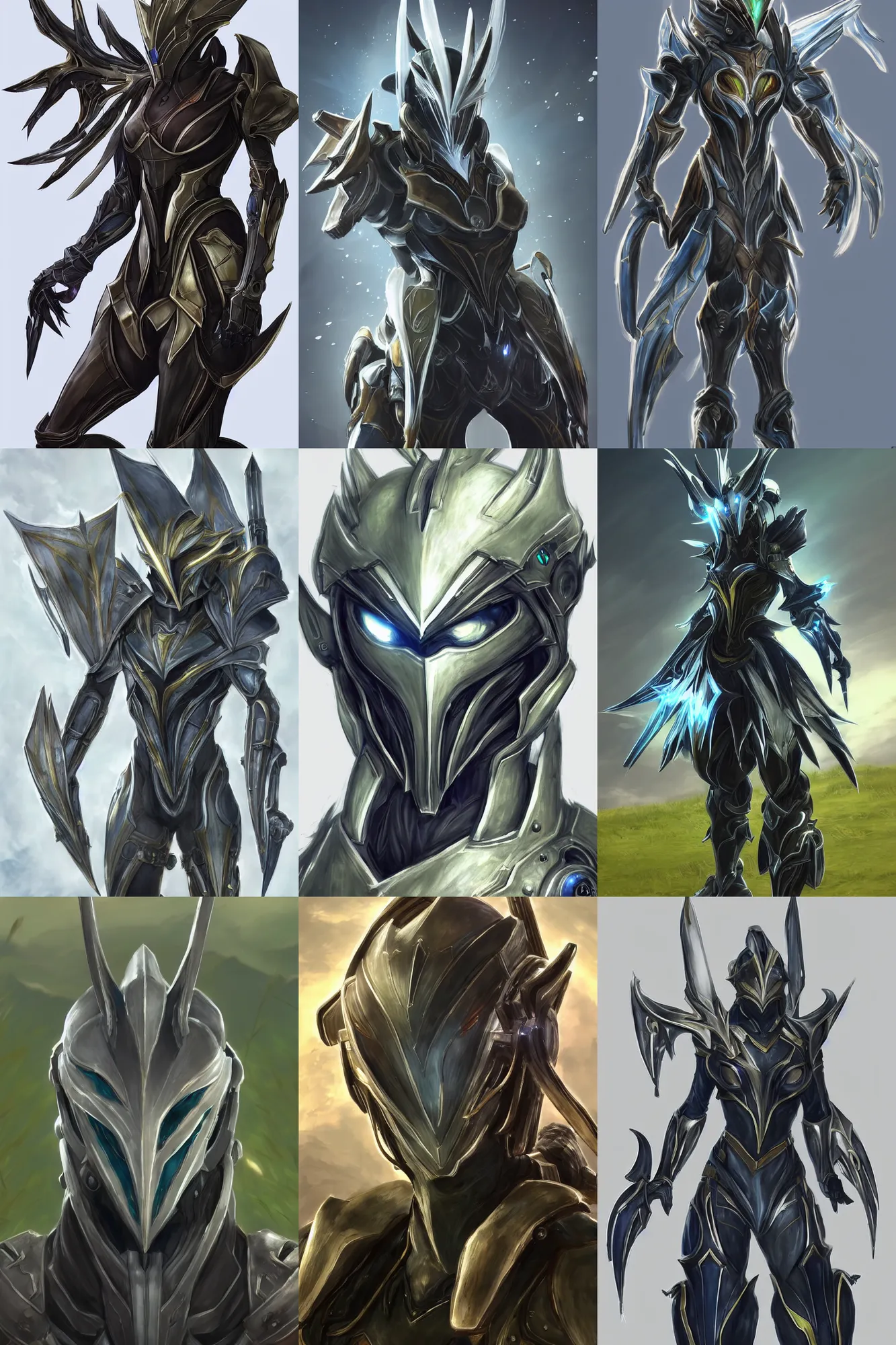 Prompt: headshot character portrait of a warframe!! in the style of final fantasy xiv!!!, wide angle shot, warframe, final fantasy, final fantasy 1 4, final fantasy xiv, realistic shading, realistic lighting, very well detailed, segmented organic armor, standing in a grassy field