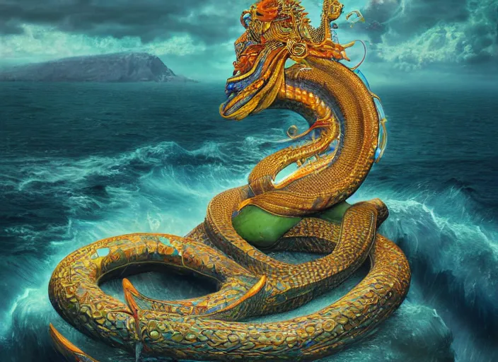 Image similar to vishnu sitting on adishesha the thousand headed universal serpent, floating across the cosmic ocean, digital art, octane render, highly detailed, intricate, by android jones and amanda sage