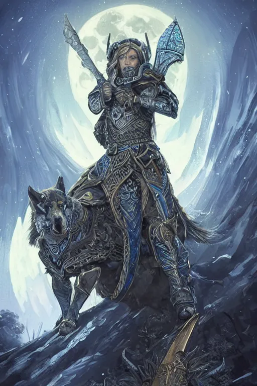 Image similar to Fantasy Paladin holding a tower shield and a spear, wearing an intricate azure full plated armor, Wolf companion by their side, moonlit, HD, illustration, epic, D&D, fantasy, intricate, elegant, highly detailed, digital painting, artstation, concept art, smooth, sharp focus, illustration, art by artgerm and greg rutkowski and alphonse mucha