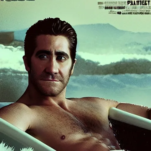 Image similar to a movie poster of Jake Gyllenhaal as patrick Swayze sitting in a hot tub in the movie Road House