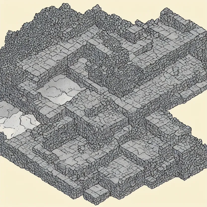 Image similar to isometric view of the outside of a cave, colored lineart