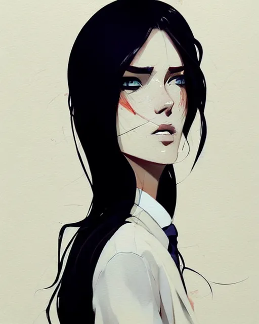 Image similar to a ultradetailed beautiful panting of a stylish woman, she is wearing a white shirt with a tie and black pants, by conrad roset, greg rutkowski and makoto shinkai trending on artstation