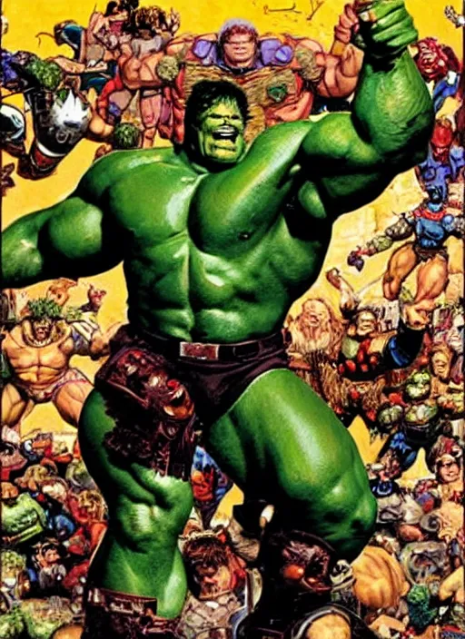 Image similar to full body and head portrait of brian blessed as marvel hulk in metal armour, dynamic action, painted by norman rockwell and phil hale and greg staples and tom lovell and frank schoonover and jack kirby