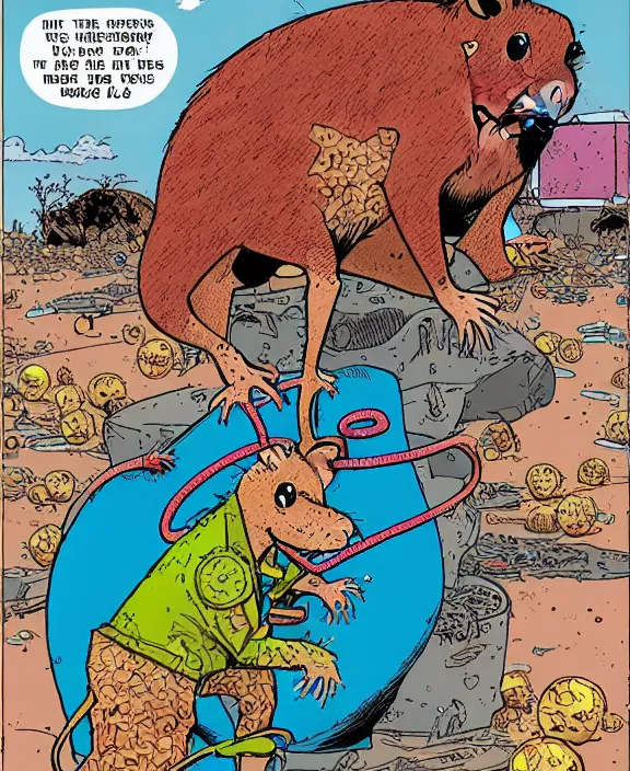 Image similar to a rat in the style of geof darrow, colorful