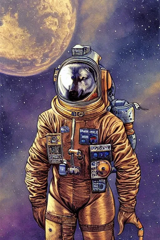Prompt: wolf space pilot no helmet standing ready on spaceship, steampunk, highly detailed, painting by moebius