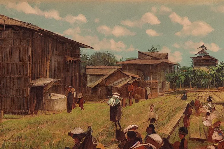 Prompt: a painting of japanese immigrants in a farming community in brazil in 1 9 0 9 by greg rutkowski