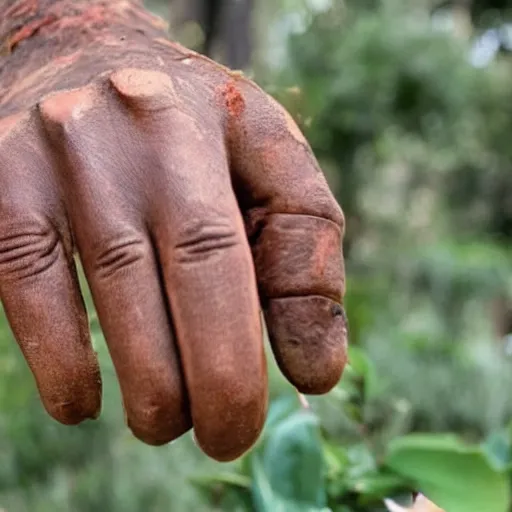 Prompt: A handpalm with a tree growing on top of it