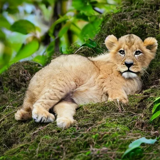 Prompt: A cute fluffy lion cub resting atop a vivid green leaf with morning dew, XF IQ4, 150MP, 50mm, F1.4, ISO 200, 1/160s, natural light, Adobe Lightroom, photolab, Affinity Photo, PhotoDirector 365