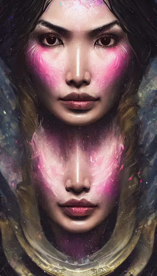 Prompt: portrait of gemma chan tavern bard, intricate face, furious expression, sweat, narrow dark streets with exotic dancers, vaporwave aesthetics, 8 k uhd, unreal engine, octane render in the artstyle of finnian macmanus, john park and greg rutkowski