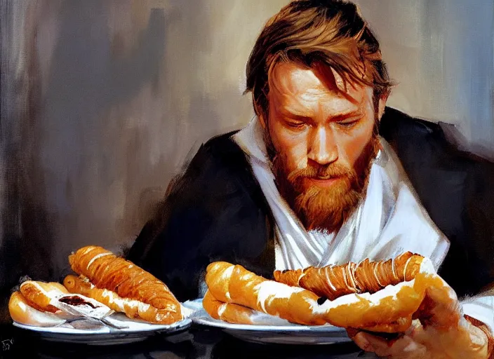 Image similar to a highly detailed beautiful portrait of obi - wan kenobi eating only one cannoli, by gregory manchess, james gurney, james jean