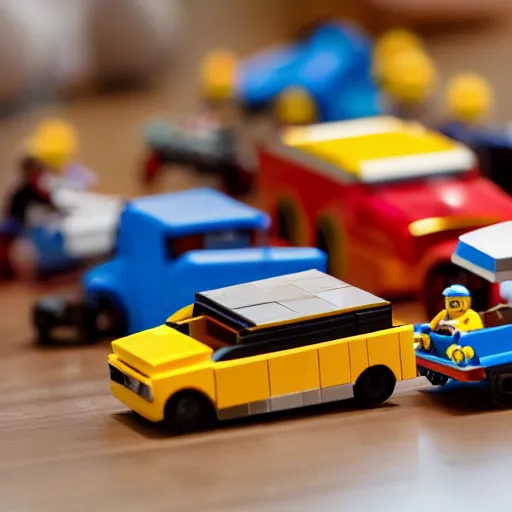 Image similar to tilt-shift photography of a group of Hotwheels cars racing on a hardwood floor, Lego minifigures are cheering them on in the background