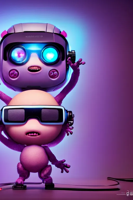 Prompt: a tiny cute cyberpunk monster with VR glasses and wires and big eyes smiling and waving, back view, isometric 3d, ultra hd, character design by Mark Ryden and Pixar and Hayao Miyazaki, unreal 5, DAZ, hyperrealistic, octane render, cosplay, RPG portrait, dynamic lighting, intricate detail, summer vibrancy, cinematic