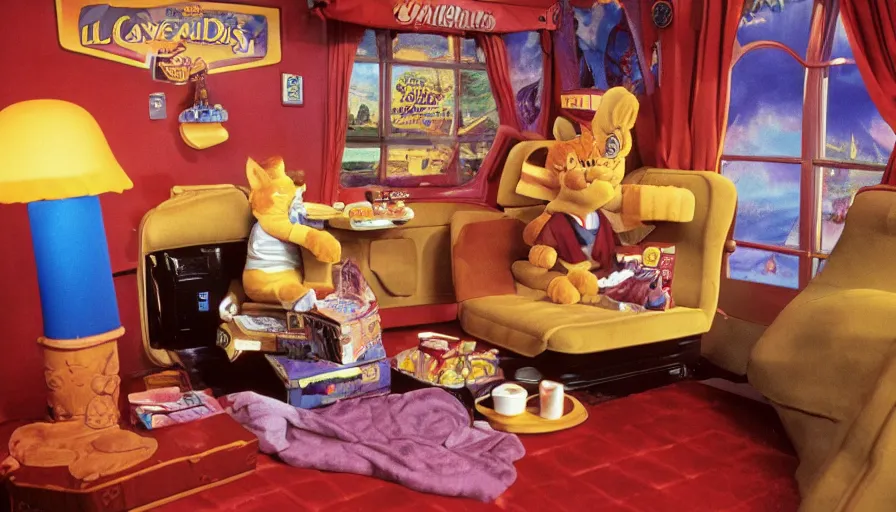 Image similar to 1990s photo of inside the Garfield's Wild Dream ride at Universal Studios in Orlando, Florida, riding a box with a blanket, with Garfield the cartoon cat, through a living room filled lasagna, coffee cups, and lava lamps, cinematic, UHD