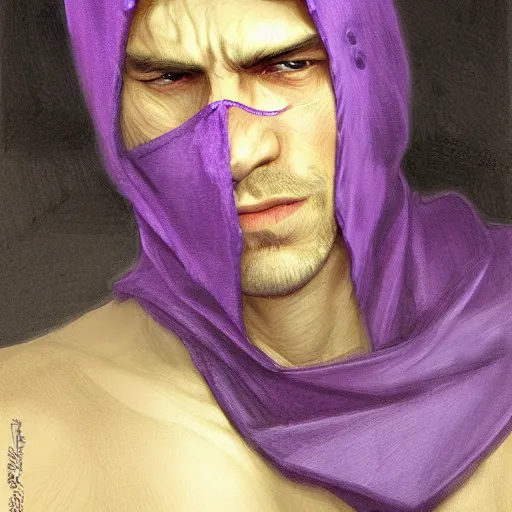 Image similar to ultra realistic illustration, man in a black hood, in a striped purple balaclava, mysterious, highly detailed, digital painting, artstation, concept art, smooth, sharp focus, illustration, art by artgerm and greg rutkowski and alphonse mucha