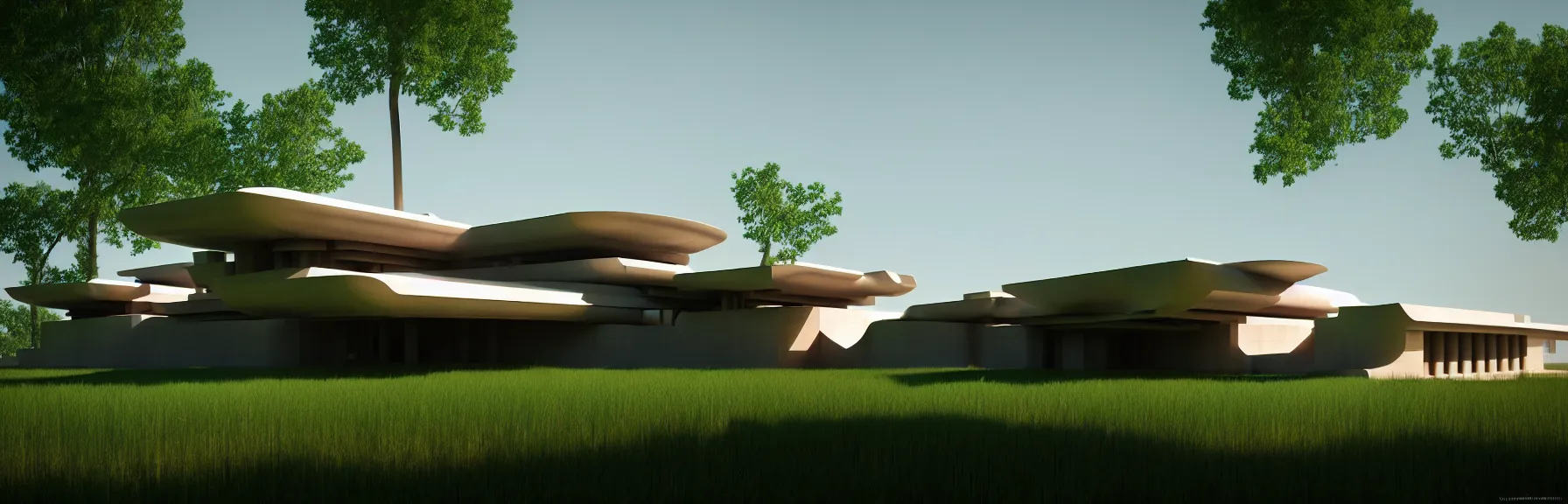 Image similar to futuristic rural architectural masterpiece by frank Lloyd wright and Zaha hadid, detailed, octane render, photo realism, 3D, ray tracing, photo realism