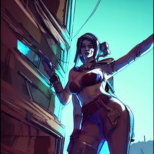 Prompt: concept art character, very high angle view, book cover, very attractive woman with full lips, slender figure, , walking in cyberpunk valley highly detailed full body, royalty, smooth, sharp focus, organic, appealing, book cover, deep shadows, borderlands 3 style, extremely fine inking lines