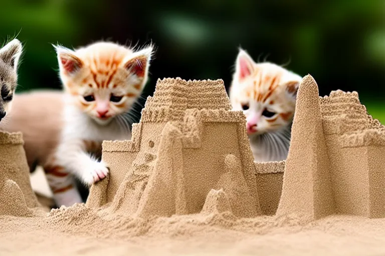 Prompt: kittens touching a completed sand castle