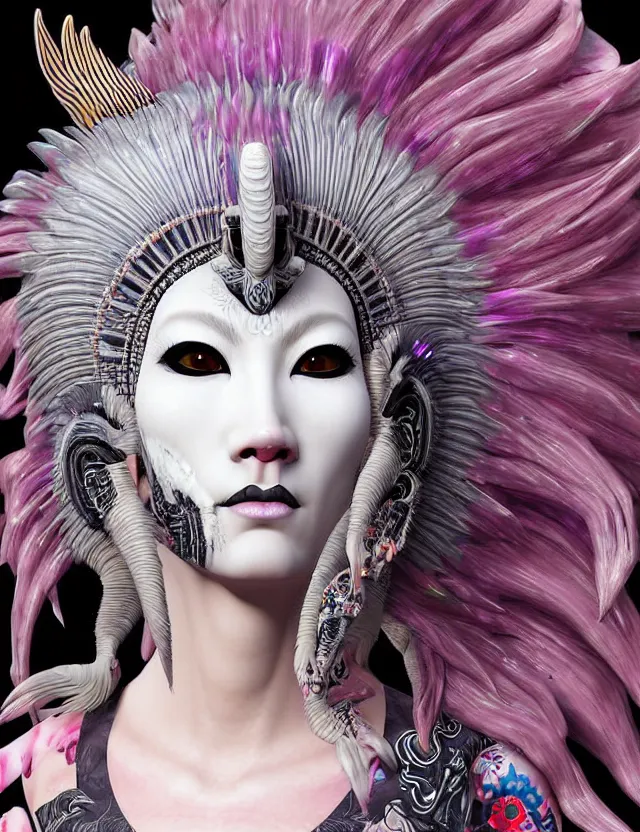 Image similar to 3 d photo realistic goddess close - up profile portrait punk with mohawk with ram skull. beautiful intricately detailed japanese crow kitsune mask and clasical japanese kimono. betta fish, jellyfish phoenix, bio luminescent, plasma, ice, water, wind, creature, artwork by tooth wu and wlop and beeple and greg rutkowski