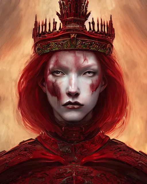 Image similar to redhead queen knight in red armor, inside an epic gothic castle, baroque, large crown, holding sword, face with scars, intimidating, ominous, high fantasy, intricate detail, digital painting, artstation, concept art, smooth, sharp focus, illustration, art by yoshitaka amano and monia merlo and wlop