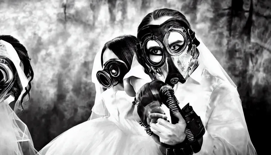 Prompt: disturbing big budget hollywood movie bride and groom wearing gas masks at the marriage of reason and squalor perfect composition dramatic lighting chiaroscuro