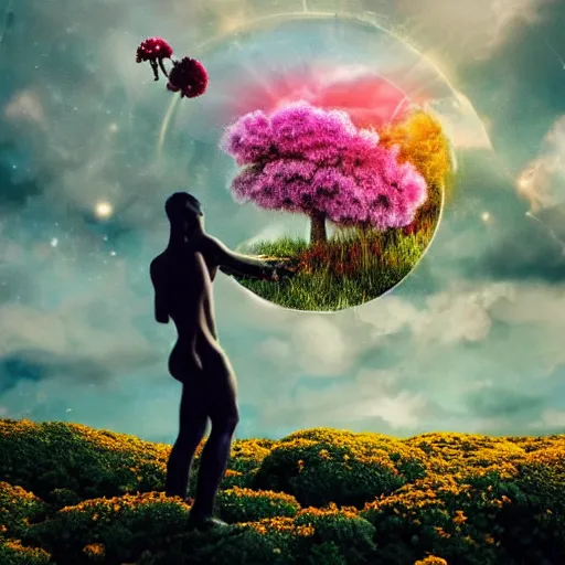 Image similar to A picture of a planet of various flowers, fungus and plants, in which the human figure is dressed in something magical and impressive, inside the picture is infinity, sunset light, Atmospheric phenomenon, artistic photography, muted colors, conceptual