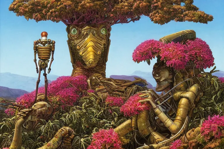 Image similar to evangelionic illustration, gigantic pleasure man head, a lot of exotic vegetation, trees, tremendous pleasure robot, flowers, oldschool vintage sci - fi flat surreal design, super - detailed, oil painting by moebius, hd, 4 k, high quality