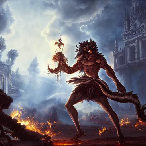 Prompt: A epic and beautiful rococo painting of a Werewolf using a burning laboratory. Castlevania style. ultra-detailed. Anime, pixiv, UHD 8K CryEngine, octane render