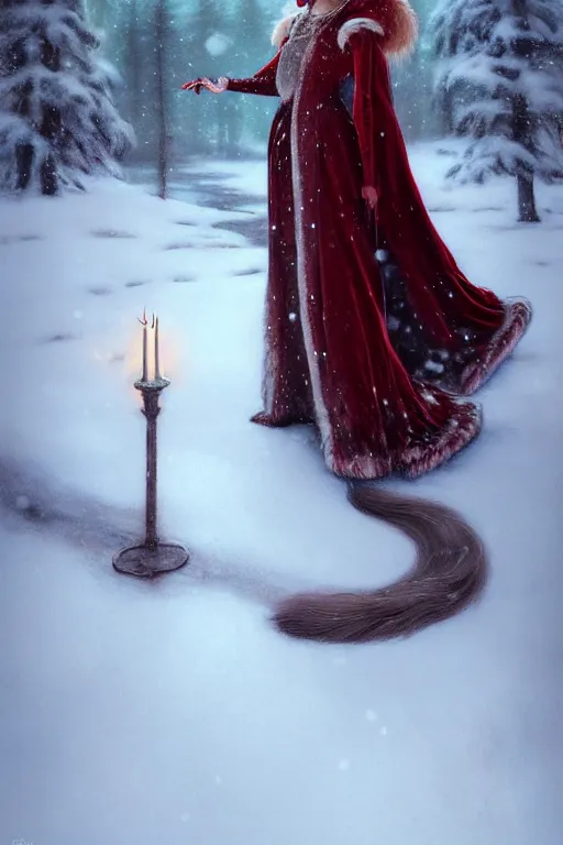 Image similar to nostalgia for a fairytale, nordic, snowing, medieval maiden dressed in furs, red velvet gown, long hair, tall and thin, illustration, dramatic lighting, soft details, painting, art nouveau, octane render, 8 k, hd, by edmund blair leighton, brom, charlie bowater, faces by otto schmidt