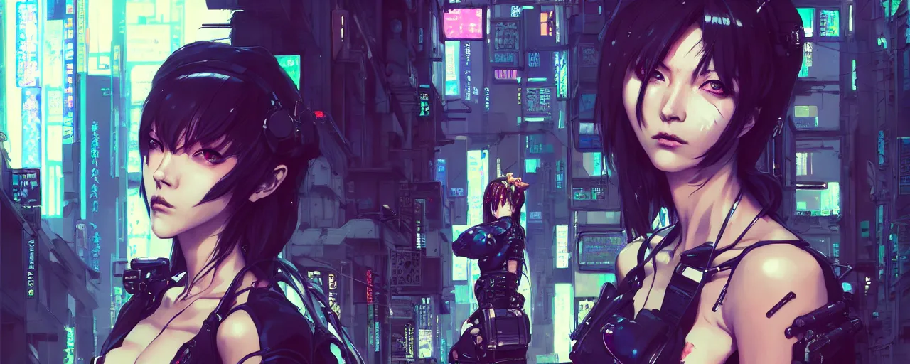 Prompt: hyper - realistic cyberpunk portrait of beautiful! anime woman standing on tokyo street, extreme detail, alluring, in style of yoji shinkawa, pan ren wei, col price, atey ghailan, by greg rutkowski, by greg tocchini, by james gilleard, by joe fenton, by kaethe butcher, grunge aesthetic