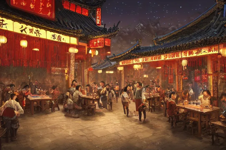 Prompt: fantasy art of a bustling tavern in china, at night, by fenghua zhong, highly detailed digital art, trending on artstation