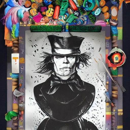 Image similar to Jim Carrey as mad hatter. epic game portrait. Highly detailed. D&D art by Michelangelo