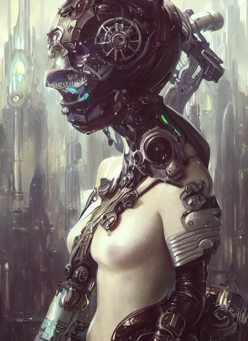 Image similar to portrait of beautiful cute pale gothic maiden, warhammer 40000, cyberpunk, intricate, elegant, highly detailed, digital painting, artstation, concept art, smooth, sharp focus, illustration, art by artgerm and greg rutkowski and alphonse mucha and Gustav Klimt