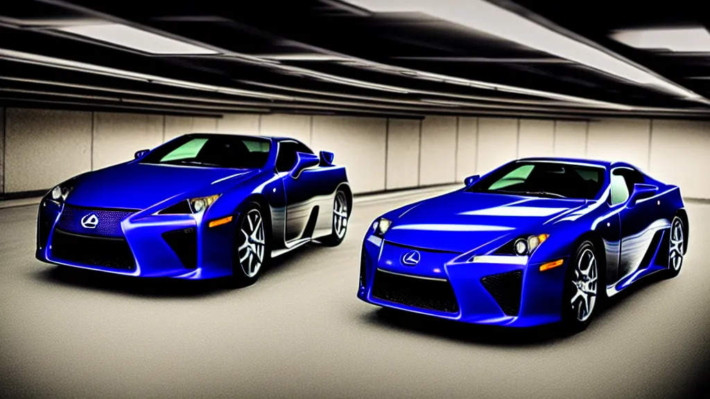 Image similar to a three quarter shot of a lexus lfa in a parking garage, 4k, hyper realistic, car photography