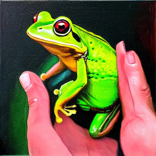 Image similar to alex jones holding a frog, frog, rainbow colors, oil on canvas